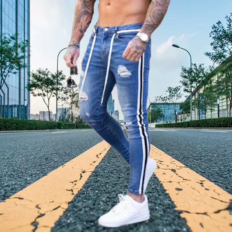 White Jeans Men Elastic Waist Skinny Jeans Men 2022 Stretch Ripped Pants Streetwear Mens Denim Trousers Jeans Male Clothing