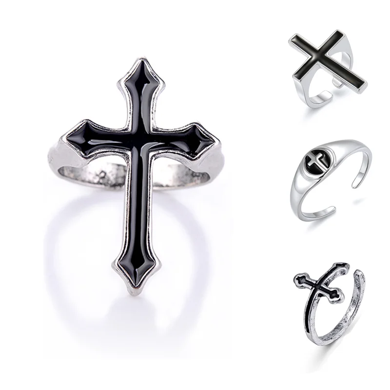 Retro Black Big Cross Open Ring For Women Party Jewelry Men Trendy Gothic Metal Color Finger Ring Anillo Jewelry gift