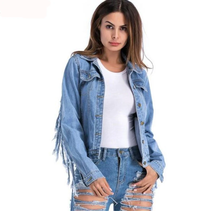 النساء الدنيم سترة شرابة ضئيلة الساخن موضة هامش ثقوب الدنيم سترة سيدة أنيقة Jackets جاكيتات الأساسية معاطف كبيرة الحجم