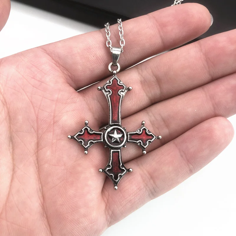 Red Bloody Inverted Cross Pendant Necklace Vintage Gothic Cross Pendant Necklace Devil Lucifer Satan Satanic Jewelry