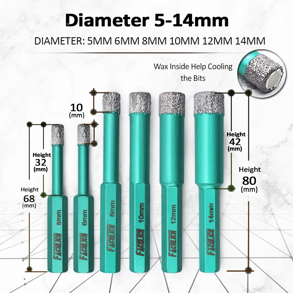 FACHLICH 2pcs Diamond Hole Saw Cutter Dry Drill Bits for Tile Porcelain Ceramic Marble Drilling Core Bits Dia 6/8/10/12/14mm