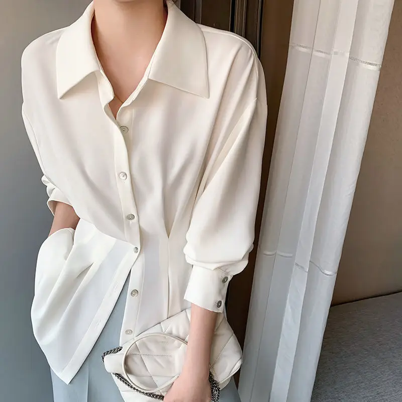 Office Lady Shirt 2021 Elegant Fashion Chiffon Blouse Long Sleeve Solid Color Pleated Slim Waist Collar Tops Temperament Clothes