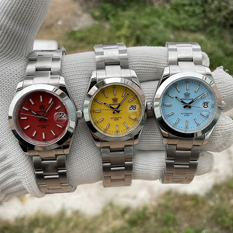 

STEELDIVE Мужские автоматические часы 39 мм Механические наручные часы для дайвера 20 АТМ Водонепроницаемые светящиеся сапфировые часы NH35 Лупа Дата