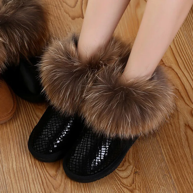 Fox Fur Snow Boots Women  Winter New High Top Shoes Customized Woman Genuine Leather Nubuck Leather Waterproof Ankle Boots WB063