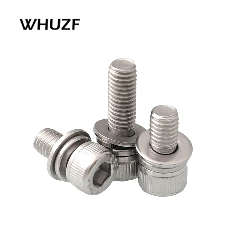 50/30pcs Hex Socket Head Cap Screw with Washer Three Sem Screw M3 M4 M5 Stainless Steel Metric Three Combination Thread WHUZF