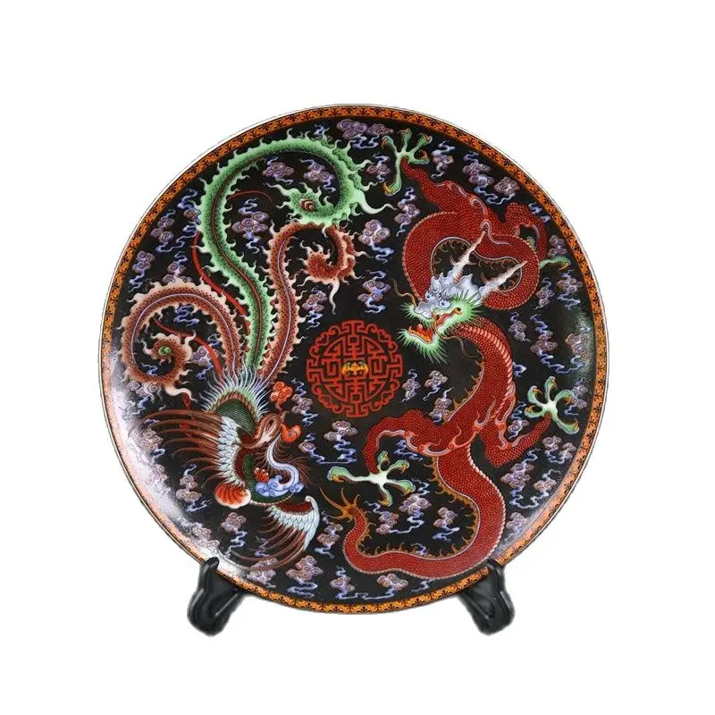 Chinese Old Porcelain Pink Dragon Phoenix Pattern Appreciation Plate