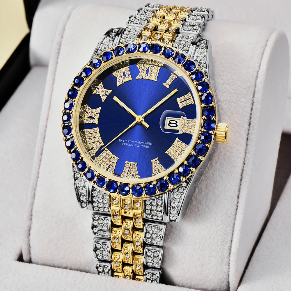 Iced Out Watch 남성 힙합 럭셔리 빅 록스/로마 숫자 패션 쿼츠 남성용 시계 방수 블링 다이아몬드 Relogio xfcs