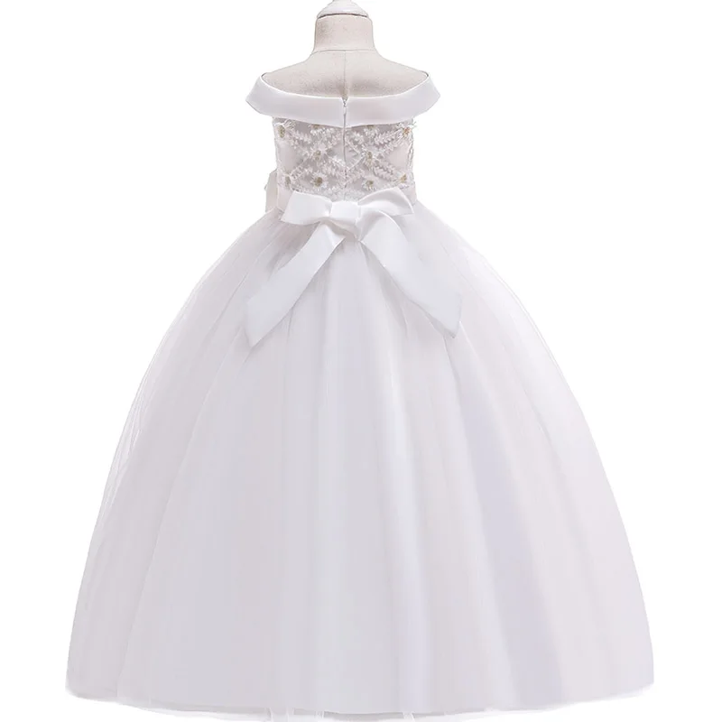 Girl Pink White One Shoulder Long Bridesmaid Dress Kids Bow Gown Clothes For Children Princess Party Wedding 12 13 14 Vestidos image 5
