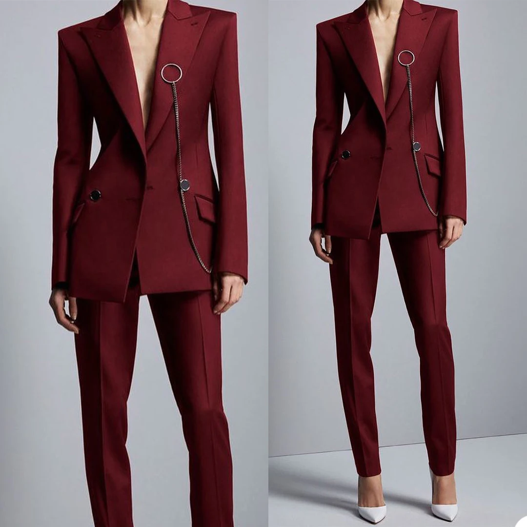 Retro Burgundy Women Suits Elegant Custom Made Peaked Lapel Blazer Office Lady Party Prom Jacket 2 Pieces Set