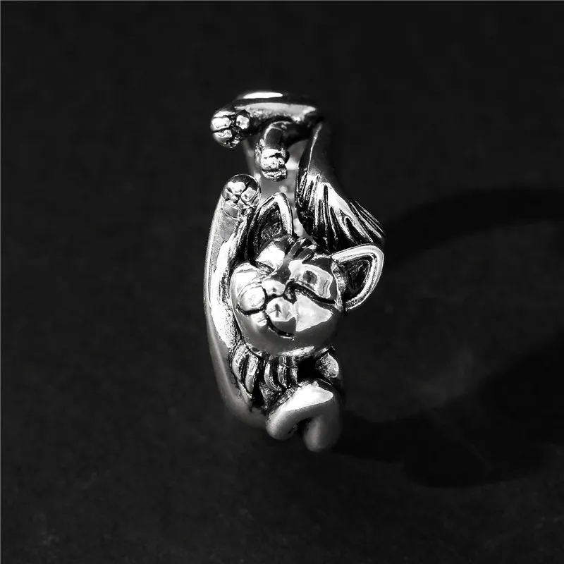 New Vintage Cute Cat Rings Women Jewelry Birthday Gift Trendy Open Size 925 Sterling Silver Ring Girl Party Accessories KOFSAC