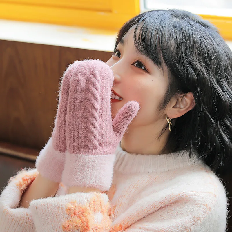 Winter Women Keep Warm Plus Velvet Inside Thicken Knitting Mittens Full Finger Cycling Woolen Gloves Japanese Style Cute Lovely