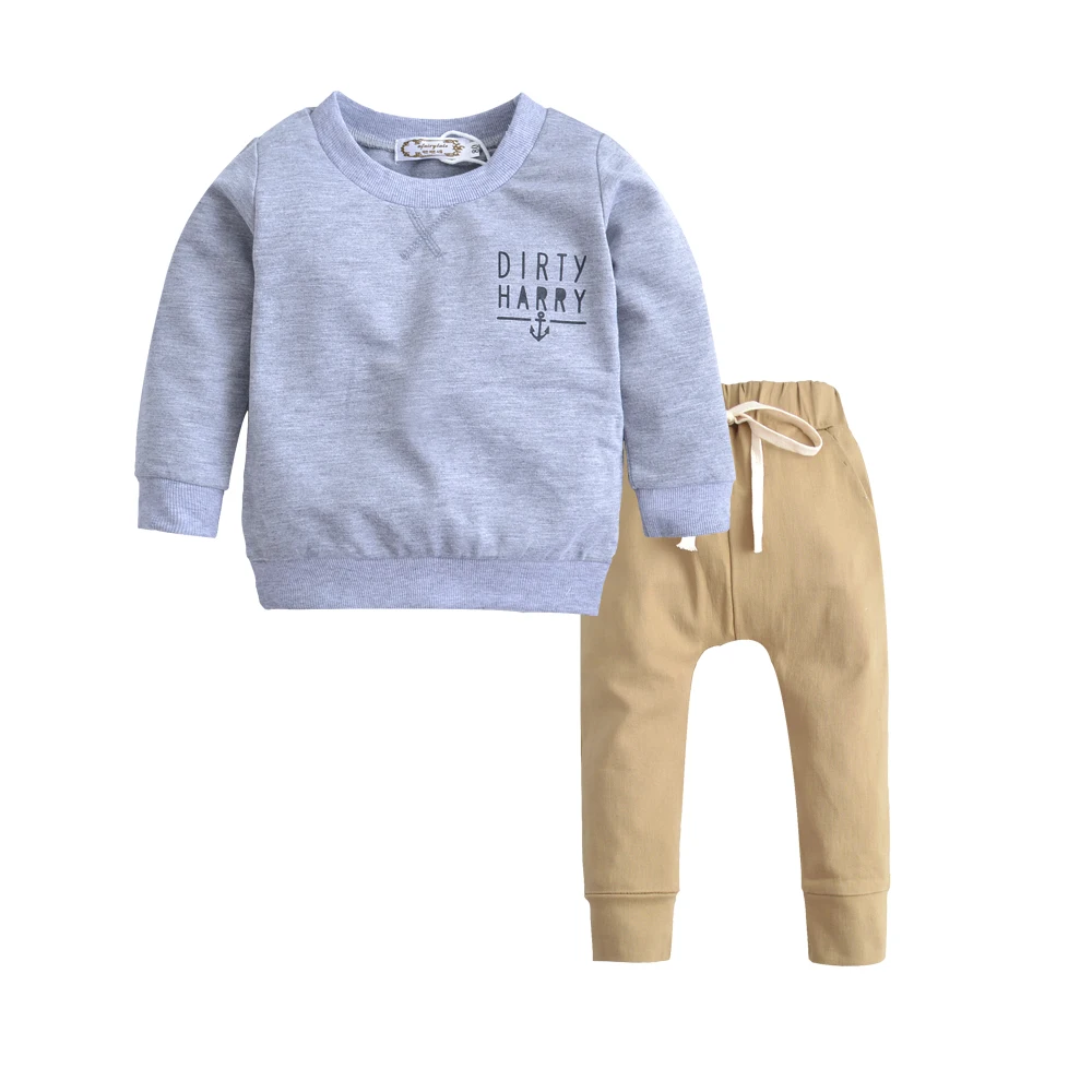 Kids Baby Girl Boy Clothes Sets 2023 Spring Fall Long Sleeve Grey Dirty Harry Sweater+Khaki Trousers 2PCS Toddler Infant Outfits