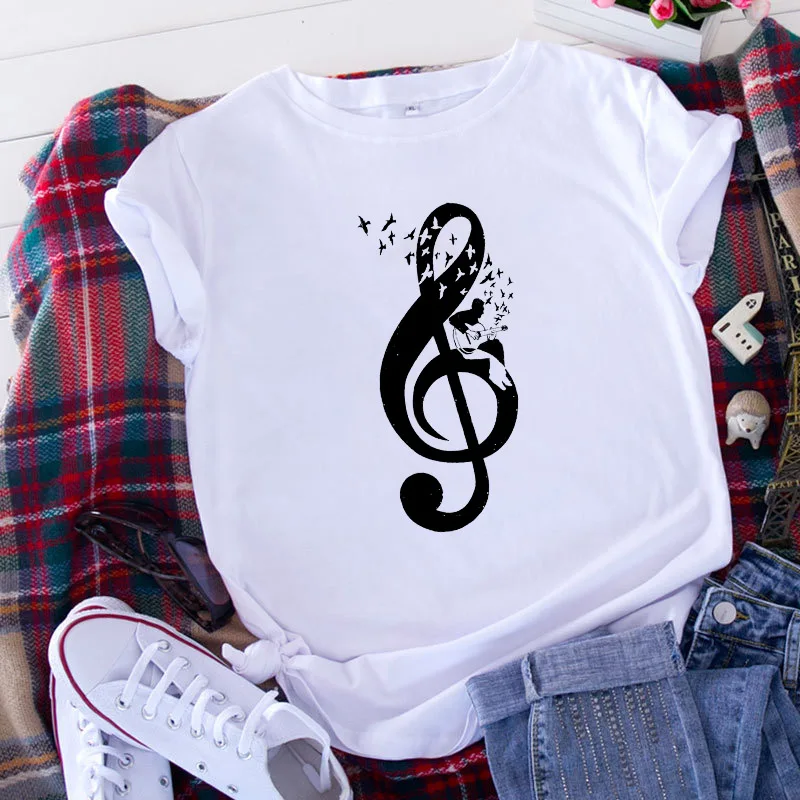 Fashion Summer Oversized T-shirt Musical Note Graphic T Shirt Women Tops O-neck White Tees Funny Girls Tshirt XXXL