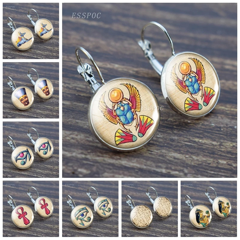 Egyptian Ankh Pharaoh Pyramid Hook Earrings Earrings Ancient Egypt Culture Sphinx Anubis Scarab Glass Cabochon Hook Earrings