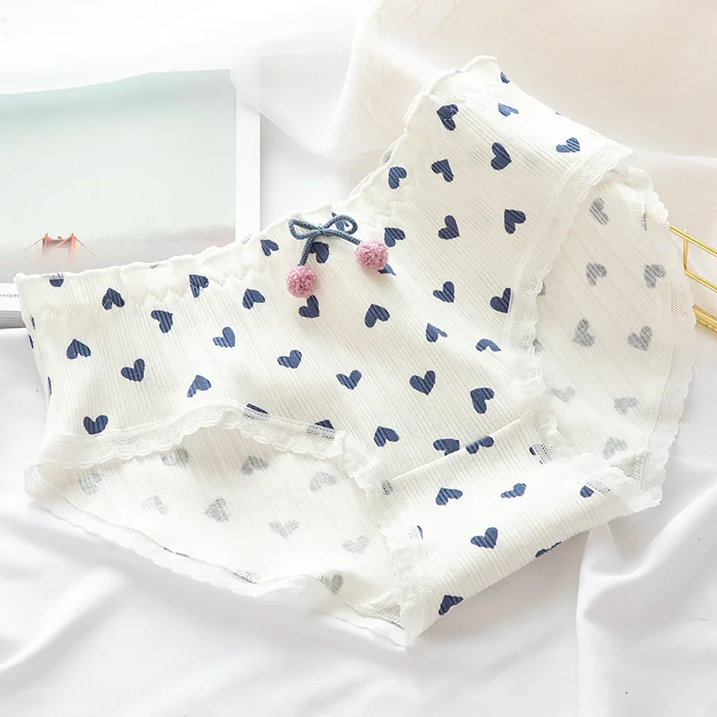 2021 Women's Cotton Underwear Cute Girl's Underpants Mid Waist Dot Printing Briefs  Lace  Fashion Bow Panties Female Lingerie