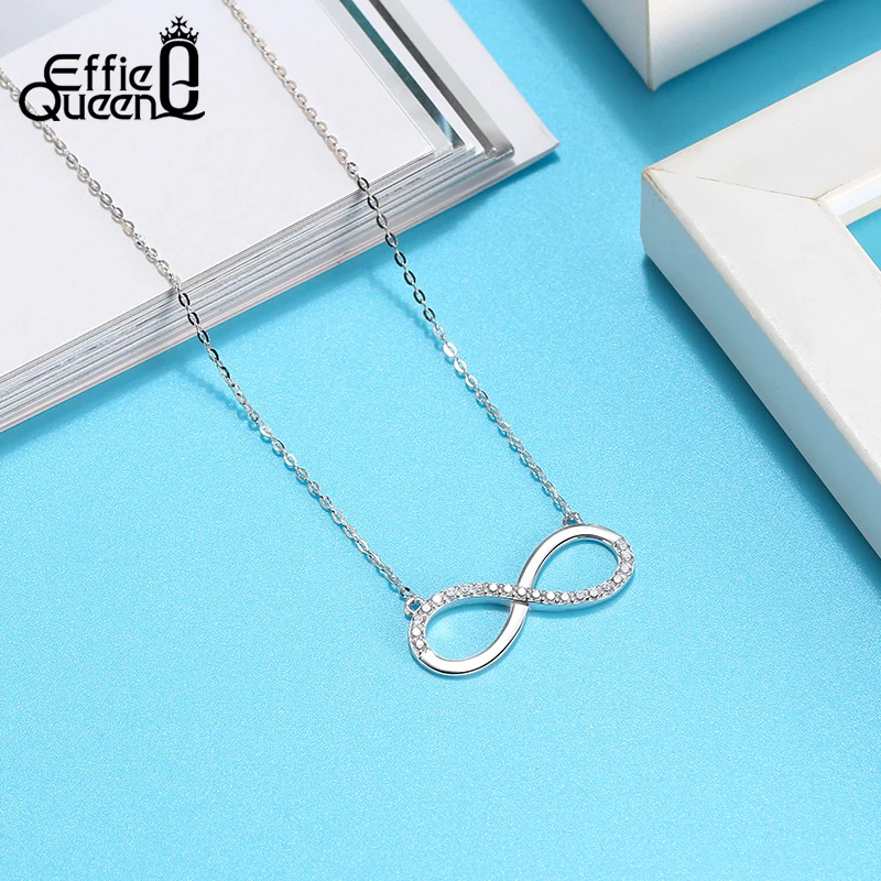 Effie Queen Real 925 Silver Dainty Infinity Love Sign Pendant Women Necklace Charm AAAA Zircon Women Necklaces Jewelry DSN192