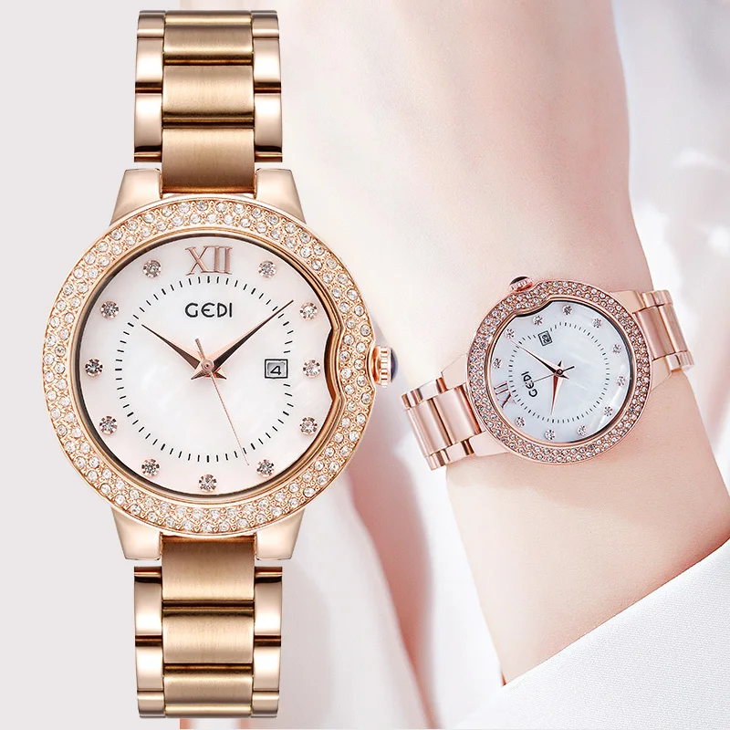 Rose Gold Luxury Lady Watches Calendar Rhinestone Fashion Antique Elegant Women Wristwatch Top Brand Business Dress Female Clock