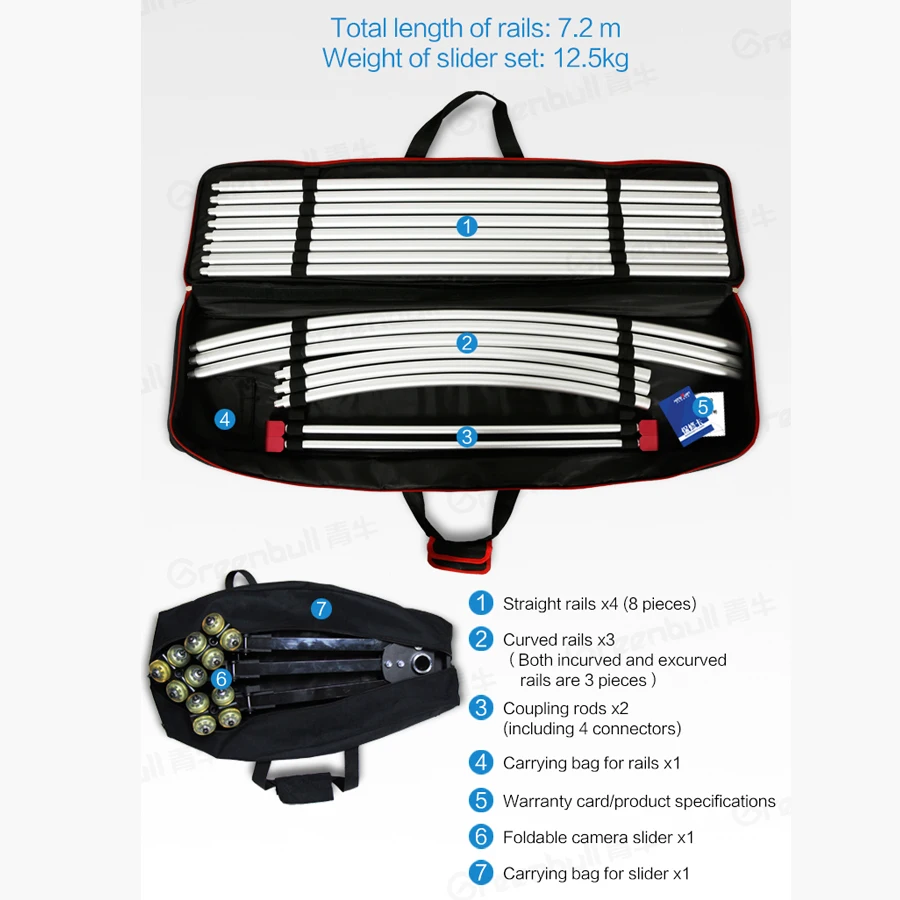 GreenBull Easyshoot Video Camra Slider Dolly 7.2m Camera Track And slide rail fittings Slider MAX Load 30KG