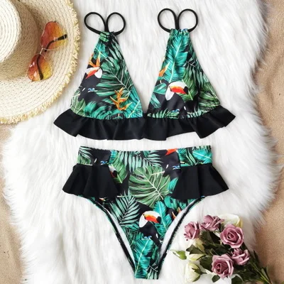 New Ruffled Bikini Print Two-Piece Swimsuits Women\'s Hot Selling European and American Fashion Pastoral Street Swimsuit Bikini