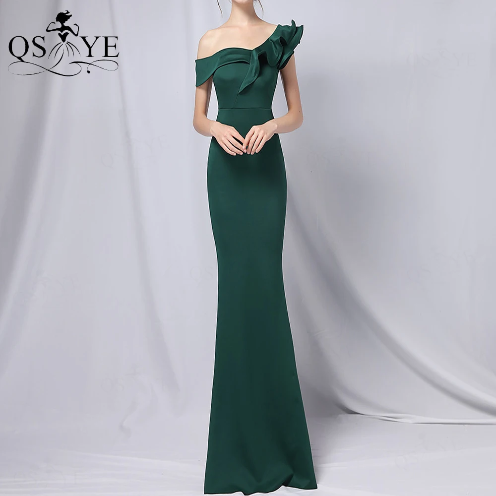 

Green Evening Dresses One Shoulder Mermaid Formal Gown Side Sleeves Ruffles Neck Prom Dress Stretch Fitted Emerald Party Dress