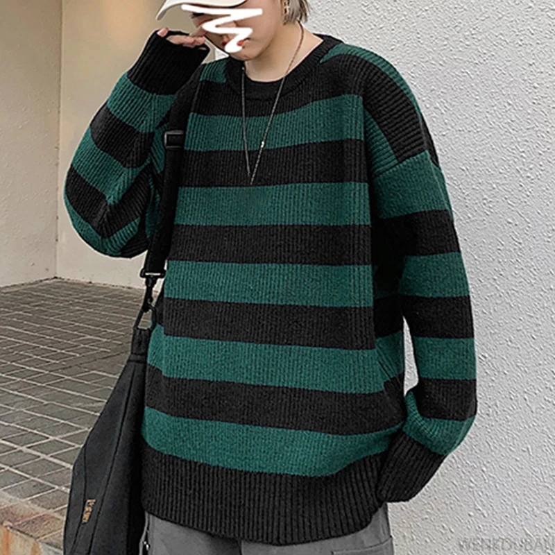 Autumn Green Striped Knitted Sweater Women Winter Pullovers Casual Oversized Sweaters Loose Harajuku Couple Sueter De Mujer