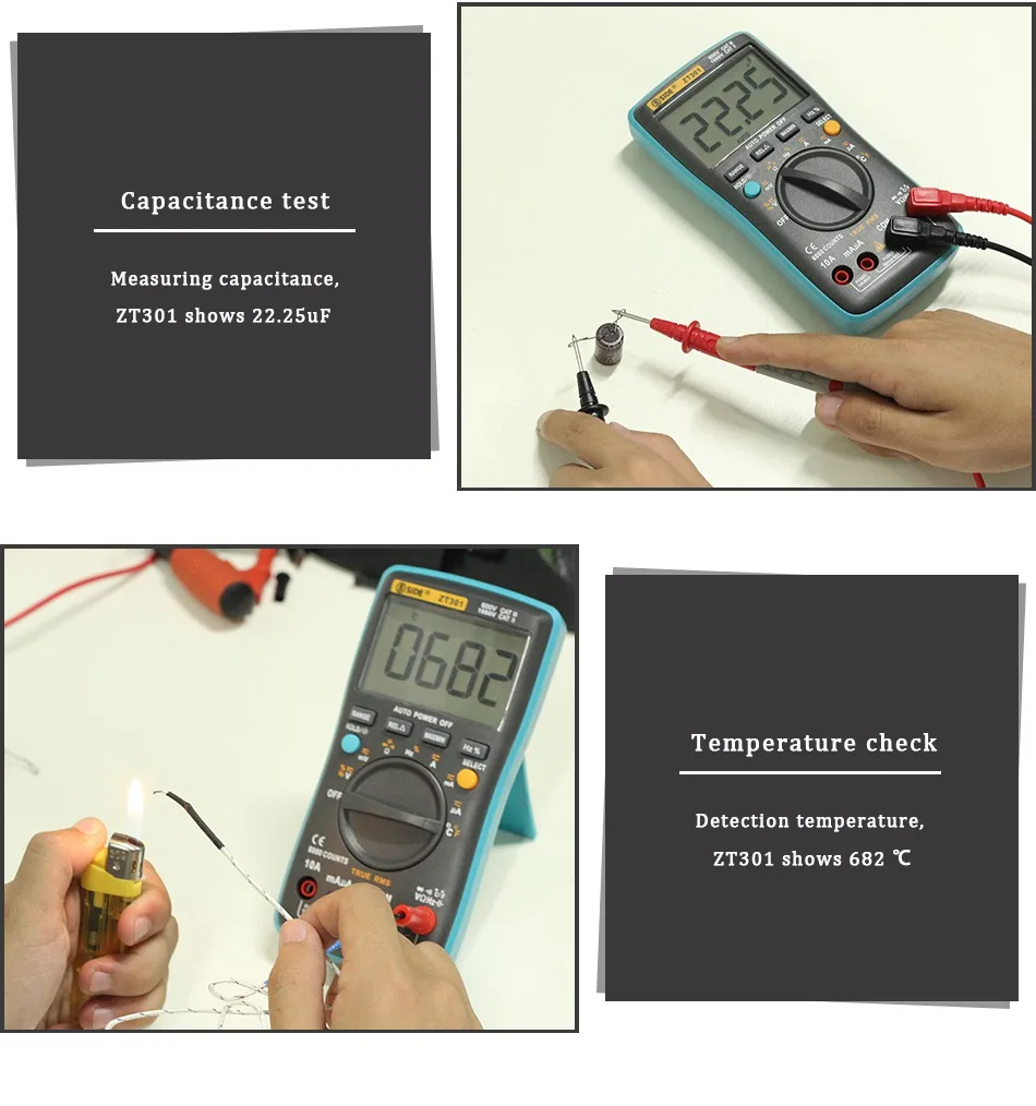 Multimetro digitale BSIDE ZT301 302 True-RMS DC/DA voltmetro amperometro Multimetro DMM resistenza Ohm Cap Hz Temp Tester