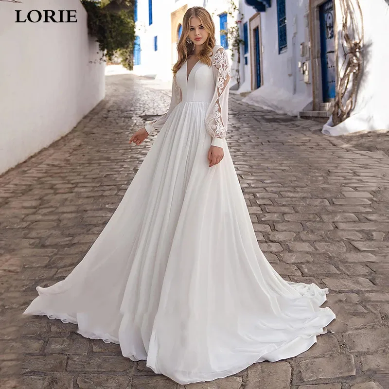 

LORIE Boho Wedding Dress Long Puff Sleeves Vintage Lace Appliques Bride Dresses V Neck Chiffon Lace Up Back Vestido De Noiva