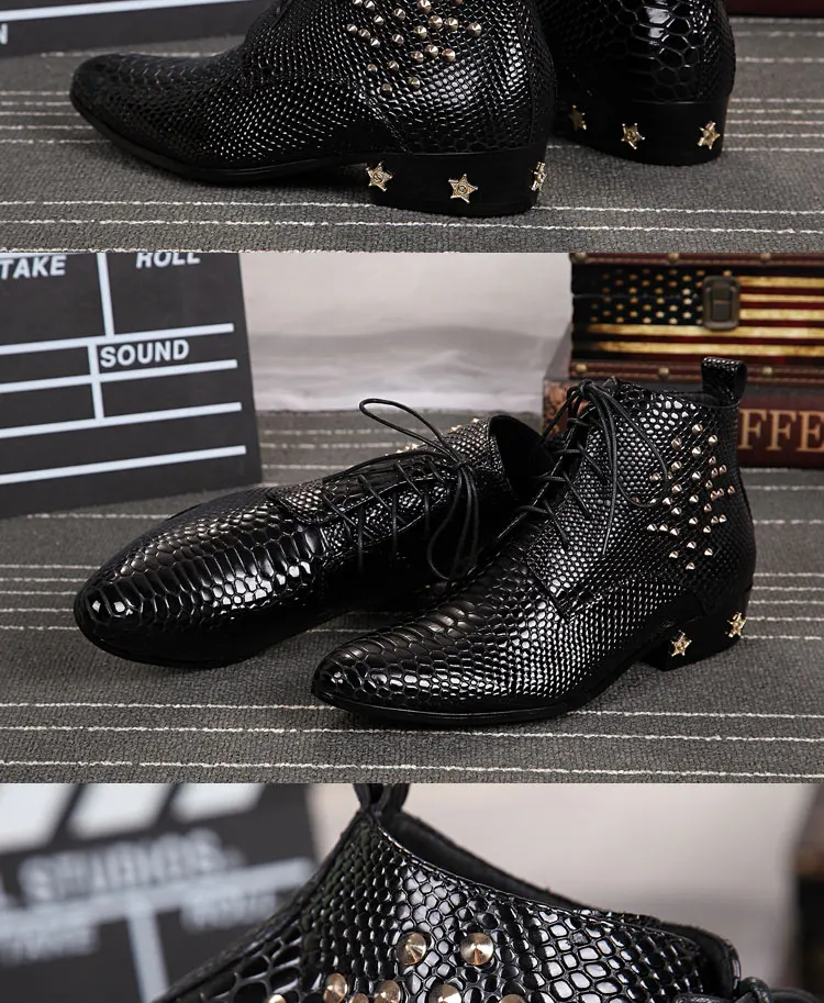 Herren-Chelsea-Stiefel aus echtem, glänzendem Leder, spitzer Zehenbereich, mit Nieten verziert, Schnürstiefel, luxuriöse Mode für Herbst, Bankette und Partys – Detail 4