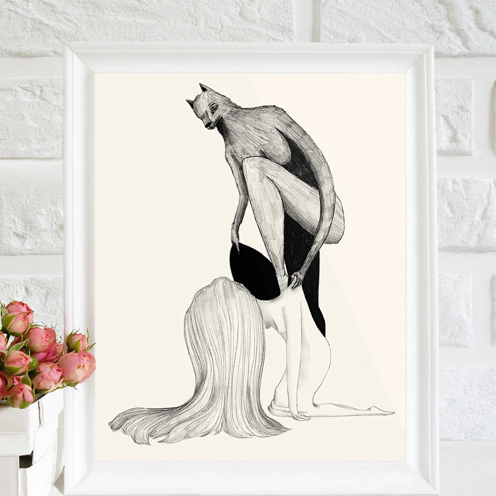 Nodic Posters And Prints Werewolves Put On Woman Leather Canvas Painting Horror Art Wall Pictures for Living Room Home Decor