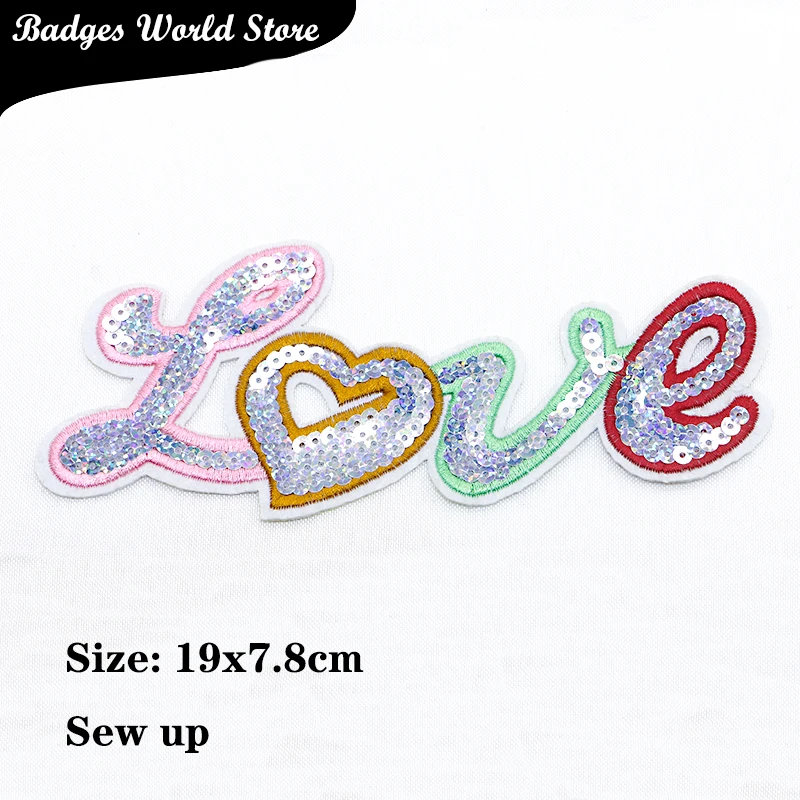 Shiny Words Love Sequins Letter Chenille Icon Towel Embroidery Applique Patches For Clothing DIY Sew up Badges on the Backpack