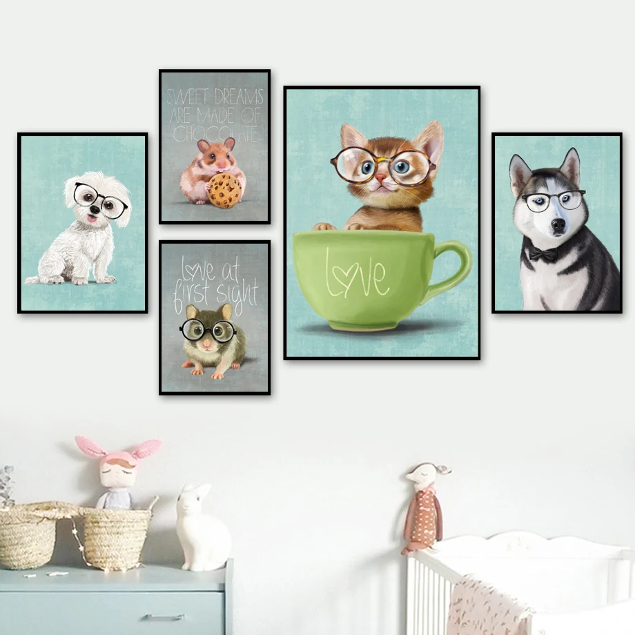 Katze Hund Kaninchen Schwein Affe Maus Wand Kunst Leinwand Malerei Nordic Poster Und Druck Tier Wand Bilder Kinder Baby Zimmer w