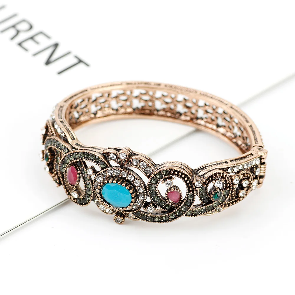 Sunspicems Retro Vintage Turkish Crystal Cuff Bracelet Antique Gold Color Ethnic Wedding Bangle Jewelry Gift