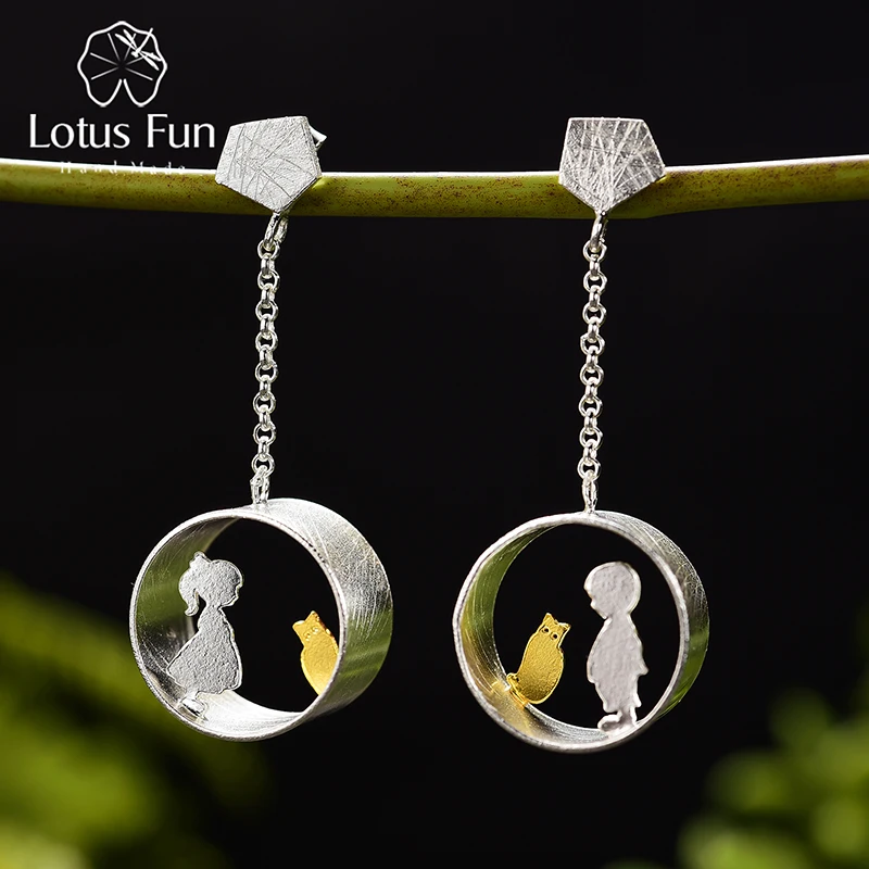 Lotus Fun Real 925 Sterling Silver Earrings Creative Handmade Fine Jewelry Meeting Love With Cat Drop Earrings for Women Brincos