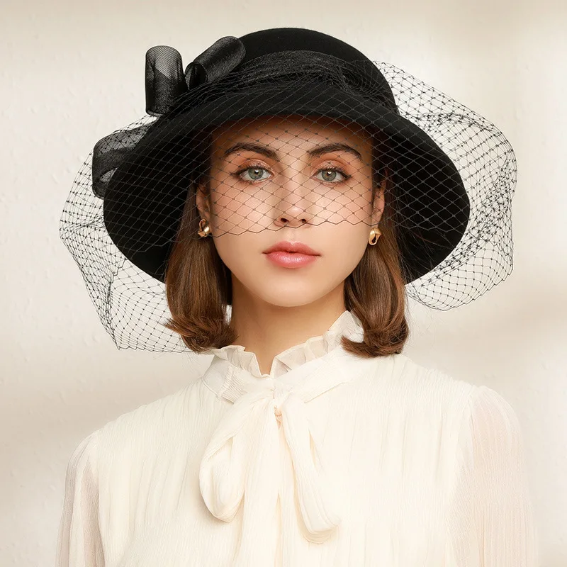 Women Wool Felt Hat Ladies Wide Brim Hat Autumn Winter Noble Elegant Girls Fashion Party Cap Bucket Hats Gauze Decoration