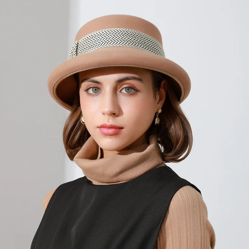 Autumn New Wool Felt Hat Lady Temperament Basin Hat Japanese Students Lovely Top Hat Winter Warm Stripe Decorative Hat