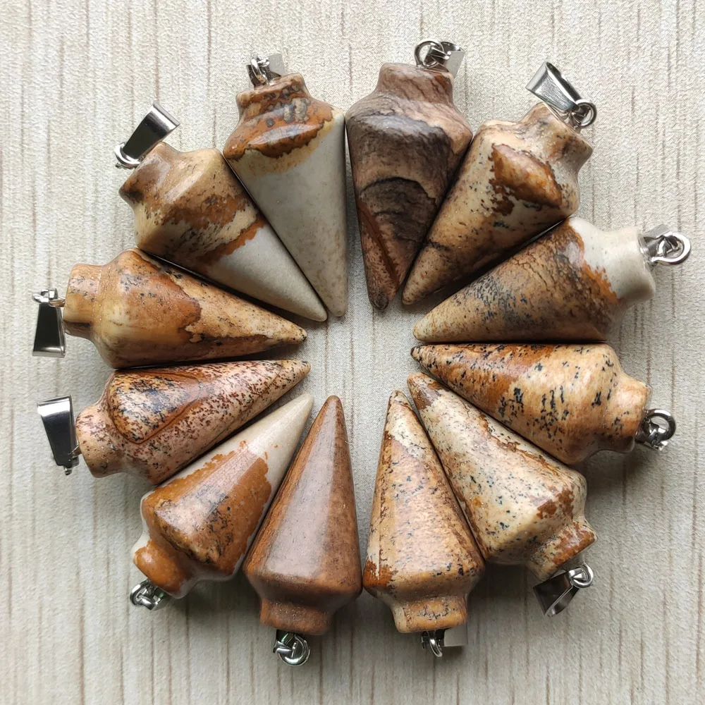 

Fashion good quality natural picture stone pendulum circular Cone charms Pendants for jewelry making 12pcs/lot wholesale free