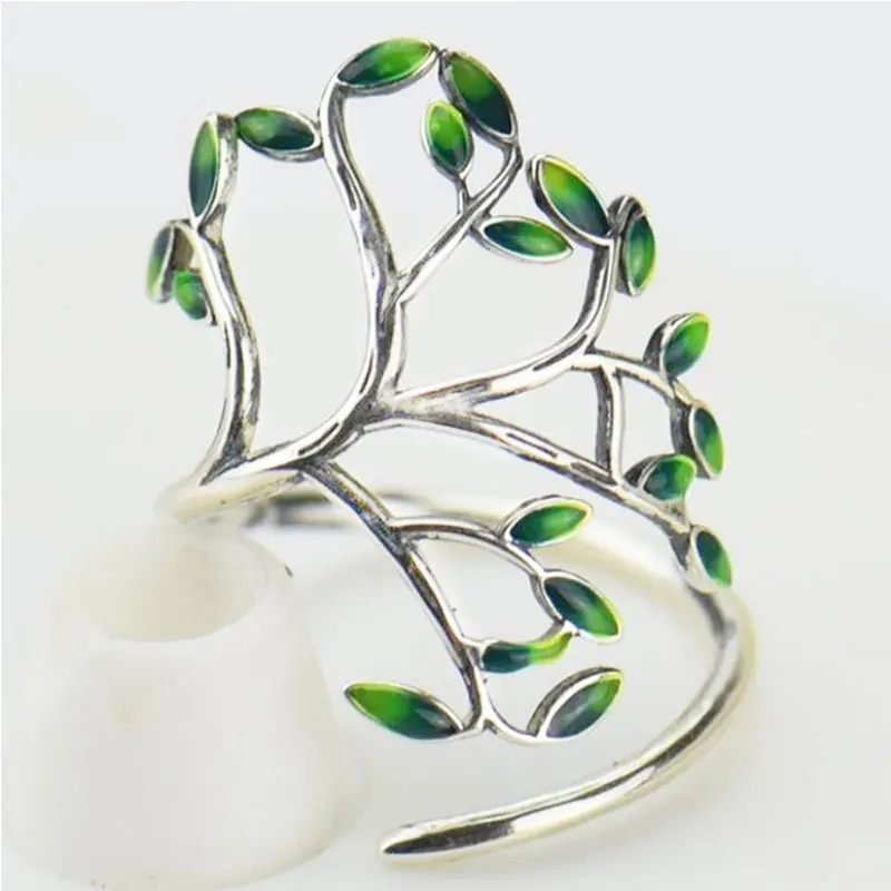 HUAMI Green Branches Leaves Ring Open Finger Adjustable Hand Drip Glaze Fashion Female Trendy Rings for Women Party Gift Girl