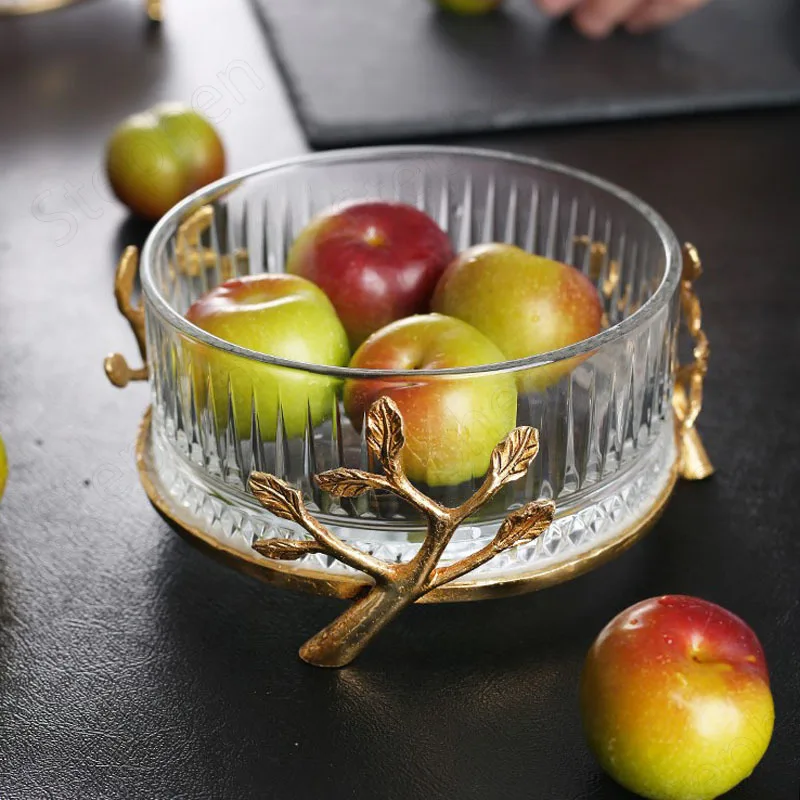 Mini Crystal Brass Fruit Bowl American Luxury Clear Glass Salad Bowls Golden Branches Embellishment Transparent Snack Dishes