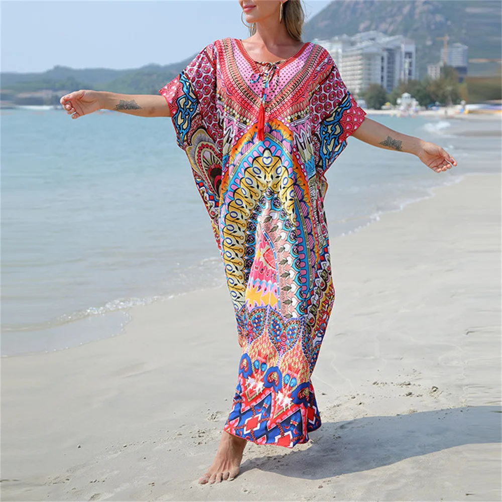 

Summer New Of Retro Ethnic Style Print Holiday Embroidered Long Dress Bohemian Beach Island V Neck Loose Oversize Beach Cover Up