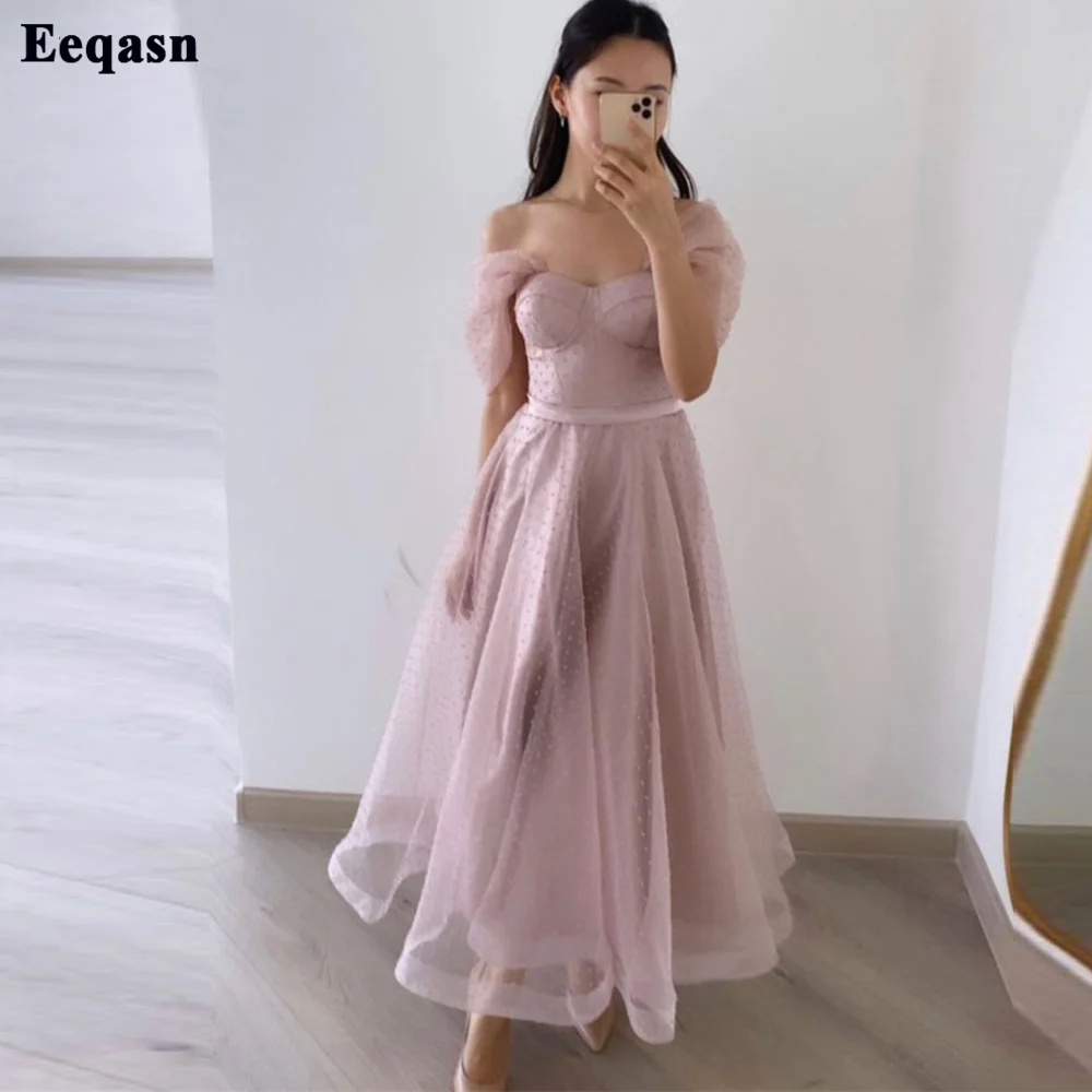 Eeqasn Blush Roze Midi Bruidsmeisje Jurk Uit De Schouder Tulle Prom Jassen Eenvoudige Formele Classy Jurken Voor Vrouwen Partij Gown