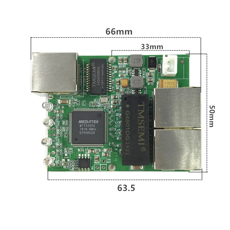 El módulo de interruptor Gigabit de 3 puertos se utiliza en la línea LED, 3 puertos, 10/100/1000 m, puerto de contacto, mini MÓDULO DE INTERRUPTOR, placa base PCBA