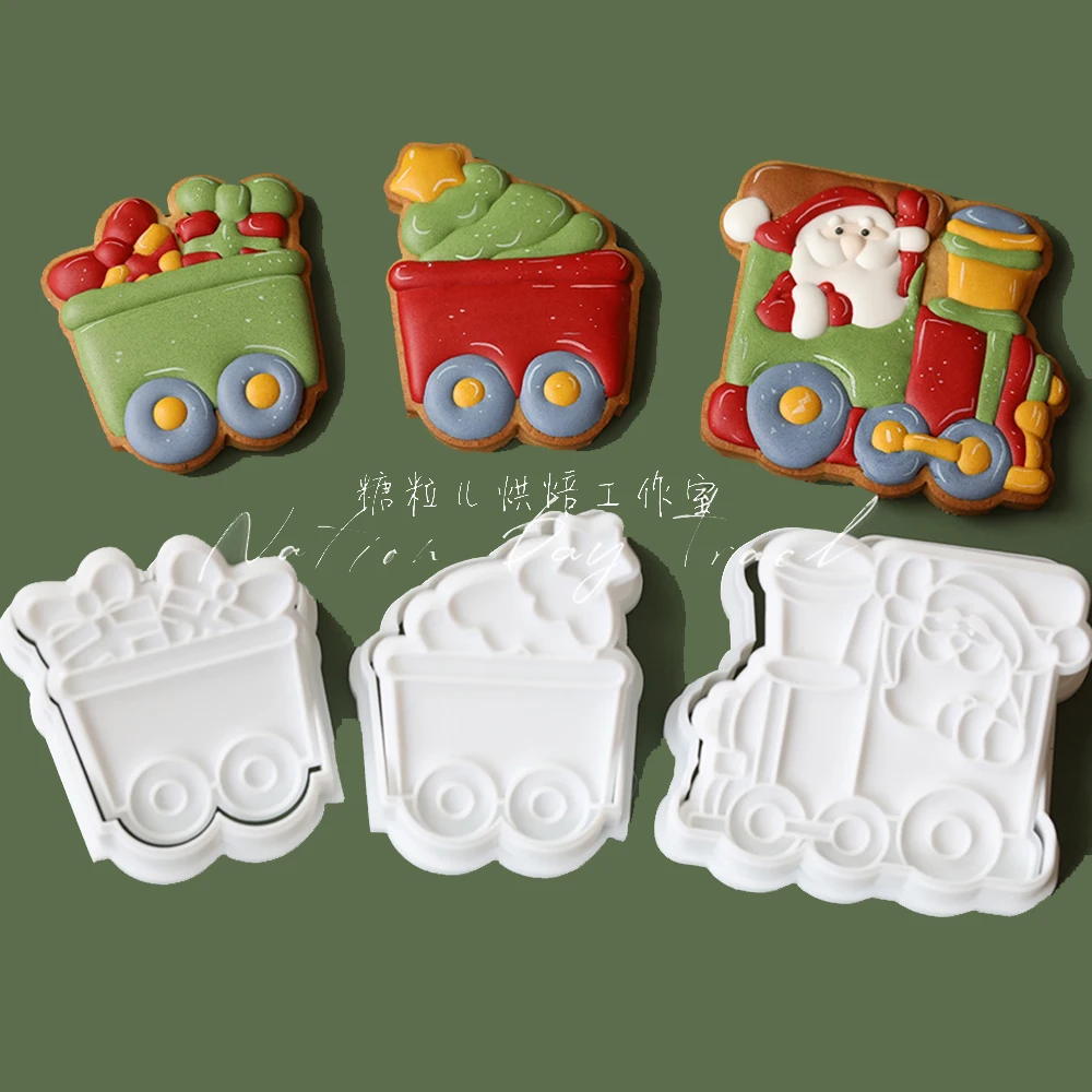 1Pc Christmas Cookie Mold 3D Cute Plastic Santa Claus Tree Snowman Gift Letter Train Shape DIY Pastry Embossing Baking Mold