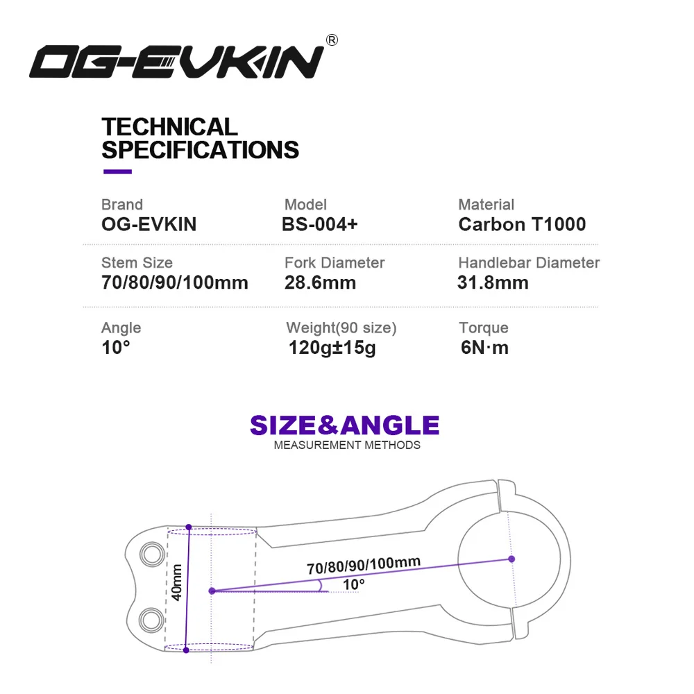 OG-EVKIN BS-004 Pro+ T1000 Carbon Stem 10 Degree 31.8MM Titanium Road Bike Stem Positive and Negative Cycling MTB Bicycle Parts