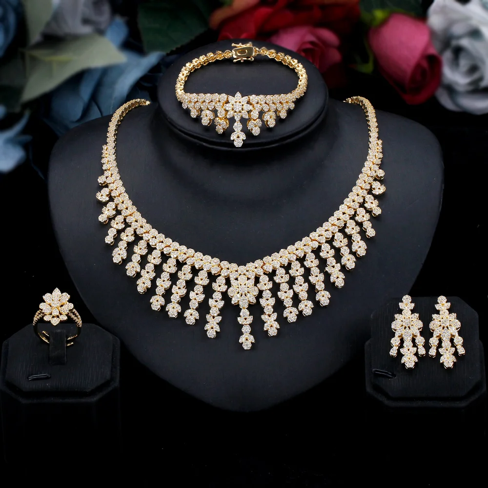 Fashion Brand Women Wedding Jewelry Set All Studded With Cubic Zirconia Beautiful Bridal 4 PCS Sets Necklace Ring