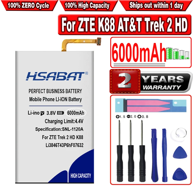 HSABAT 6000mAh Li3846T43P6hF07632 Battery for AT&T Trek 2 HD Trek 2 HD LTE for ZTE K88