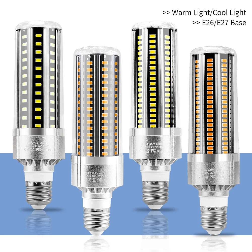 Luz LED de maíz de alta potencia, lámpara E27 de 220V, 25W, 35W, 50W, Bombilla de vela de 110V, E26, ventilador de aluminio, refrigeración sin