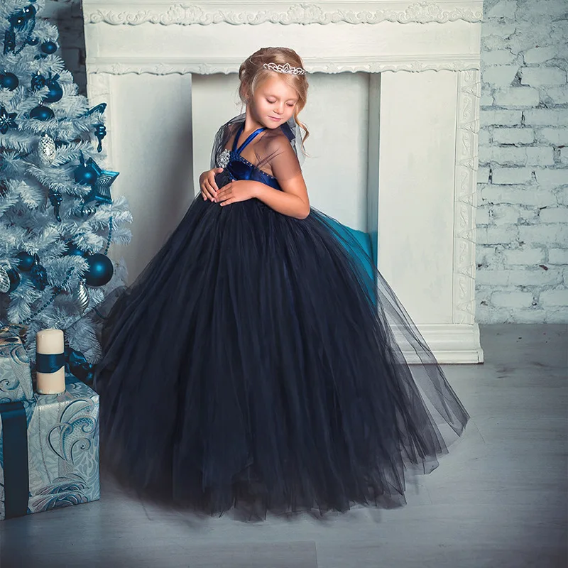 Navy Blue Flower Girls Tutu Dress for Wedding Big Crystal 1-14 Year Princess Toddler Baby Girls Birthday Party Clothes for Kids