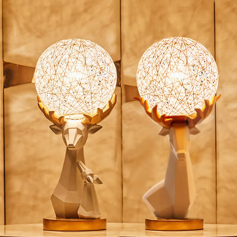 

Modern Nordic Creative Resin Deer Home Decor Table Lamps for Living Room Bedroom Rattan Ball Lampshade Bedside Led Night Lights