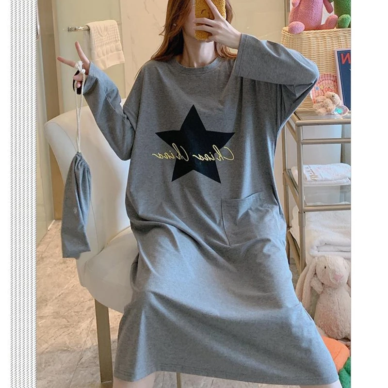 Nightdress Female Spring/autumn Five-pointed Star Long Cotton Korean Home Service Nightgown Basic For Pregnant Women