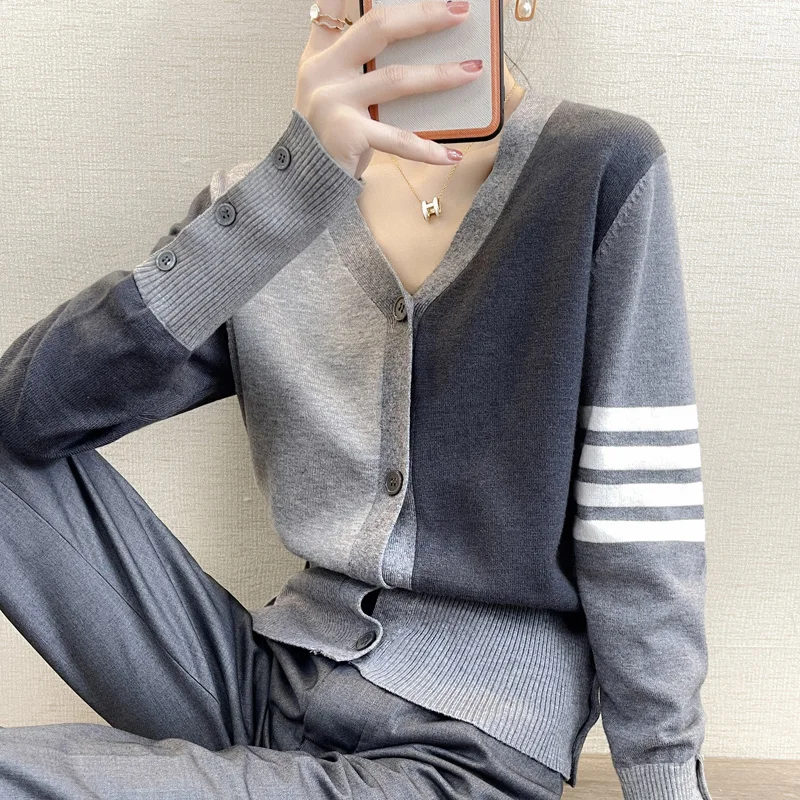 2021 fashion women\'s TB cardigan cashmere cardigan ladies V-neck cardigan sweater sleeves four-bar cashmere sweater